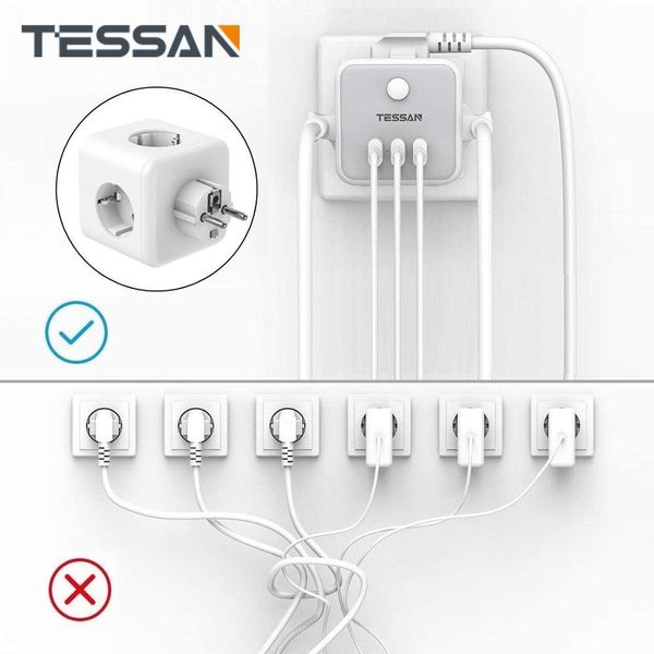 Cortinas Tessan tira de soquete de parede da UE com 3 portas de carregamento USB + 3 pontos de venda Proteção de sobrecarga 6in1 Soquete On/Off Switch Plug