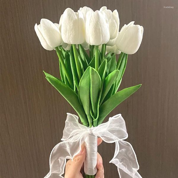 Fiori decorativi 5pcs Tulipani artificiali Bianco Real Touch Bouquet PU Fiore finto Matrimonio Casa Soggiorno Natale San Valentino Decor