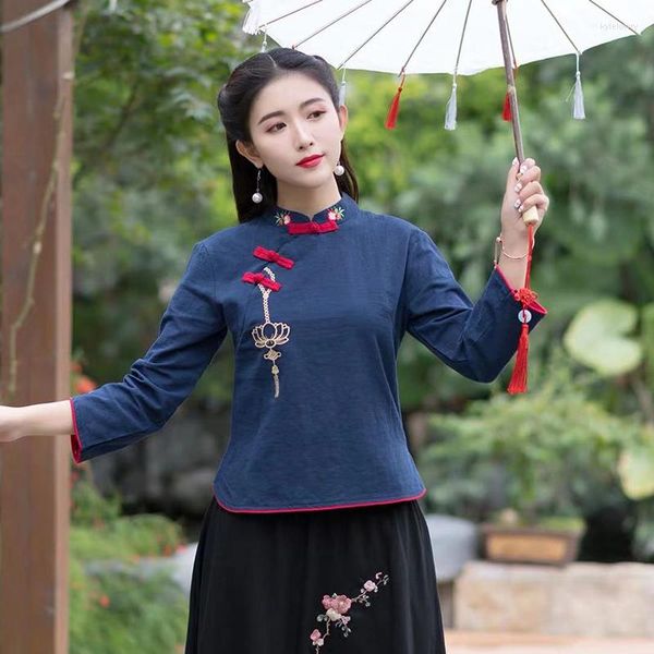 Roupas étnicas de linho para mulheres blusas de manga comprida Hanfu feminino estilo chinês top Tang terno traje tradicional