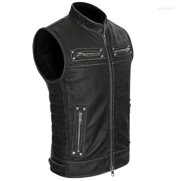 Couro Masculino Masculino Colar Real Estande Motociclista Colete Colete Couro Genuíno Vintage Bolsos com Zíper Jaquetas Sem Mangas