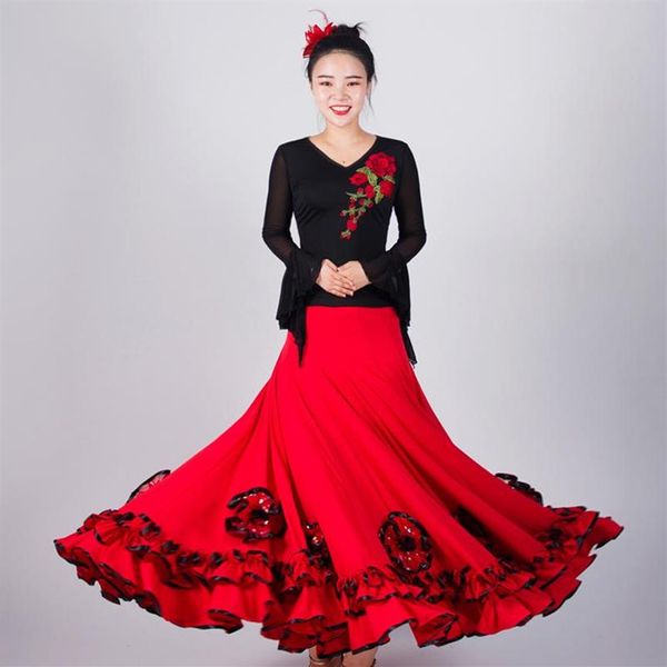 Red Ballroom Dance Skirt Women Flamenco Elegante Waltz Outfit Vestito spagnolo Costume di scena Extoic Wear JL2493294G