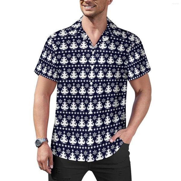 Herren-Freizeithemden, Weihnachtsbäume, lockeres Hemd, Herren, Strand, blau und weiß, hawaiianische, individuelle Kurzarm-Vintage-Übergroße Blusen