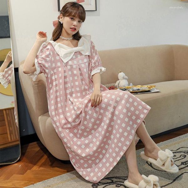 Kadın Pijama Tatlı Kız Pembe Ekose Yay Uzun Gecelik İlkbahar Yaz Kısa Kollu Pamuklu Gecelik Artı Boyutu Rahat Ev Elbise