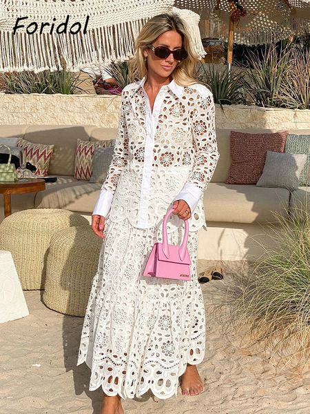 Abito a due pezzi Primavera Donna Estate Set di pizzo bianco Gonna con ricami scavati Camicia 2 pezzi Abito Abiti Monopetto Cotone Maxi 230630