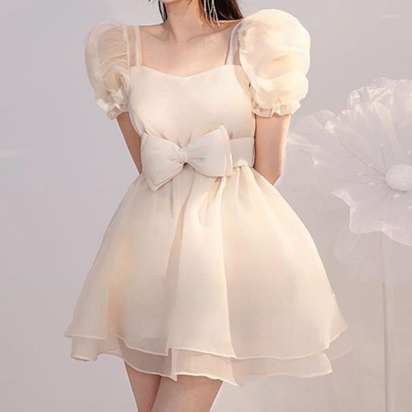 Partykleider Koreanischer Bowknot Kurze Blasenhülse Gaze Dünnes Minikleid Damen Sommer Square Neck Elegant Süßes Vestidos De Verano Mujer