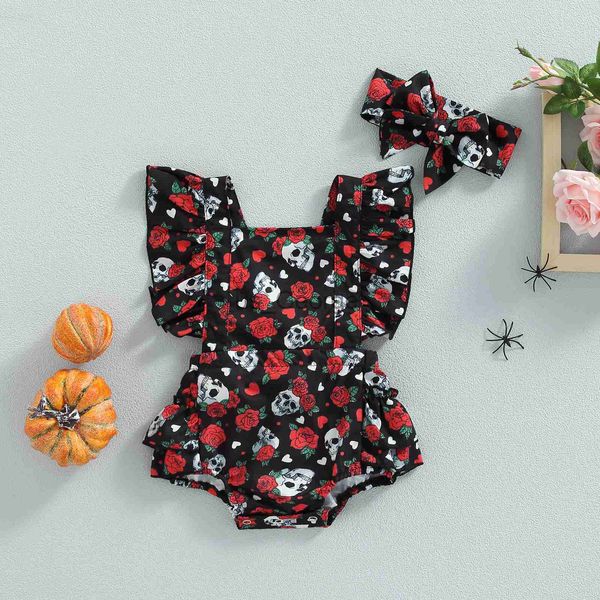 Kleidungssets 2 stücke Baby Mädchen Halloween Outfit Rose Blumen Schädel Druck Quadratischen Hals Rüschen Strampler Stirnband Set für Kleinkinder Overall J230630