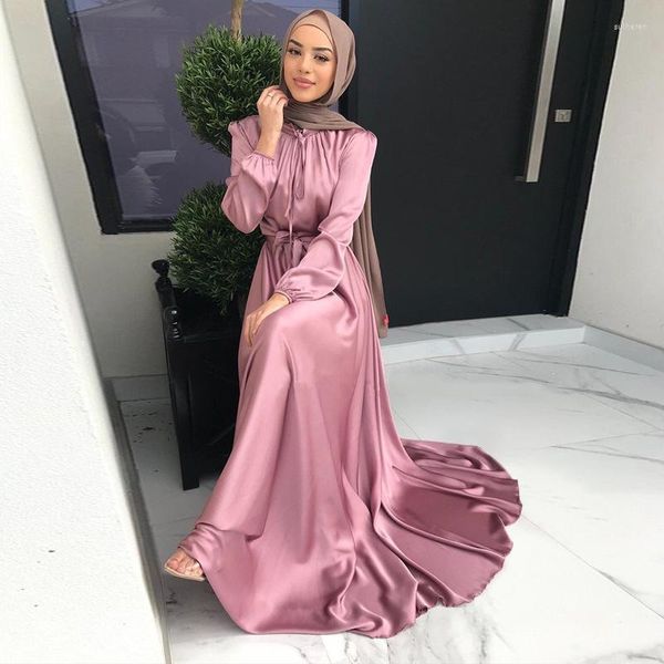 Roupas étnicas Dubai Oriente Médio e Estados Unidos Elegante Vestido longo de cetim macio Cinched grande Swing Boom Kaftan Femme Musulman