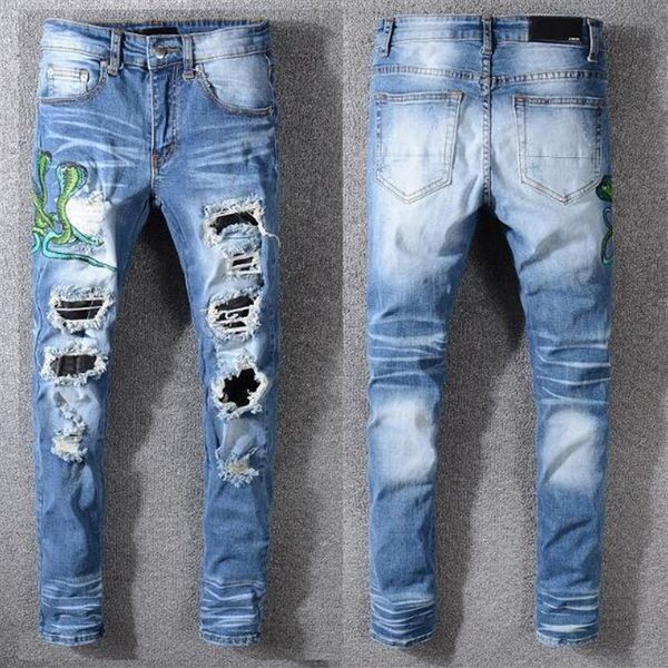 Neue Mode Jeans Männer Denim Hosen Baumwolle Jeans Mani Hosen Männer Männer Klassische Distressed Loch Stickerei Jeans251Z