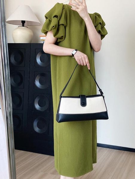 Luxury French Premium Bubble Sleeves Green Straight Dress Summer Women's Mid length Abito lungo aderente 9325