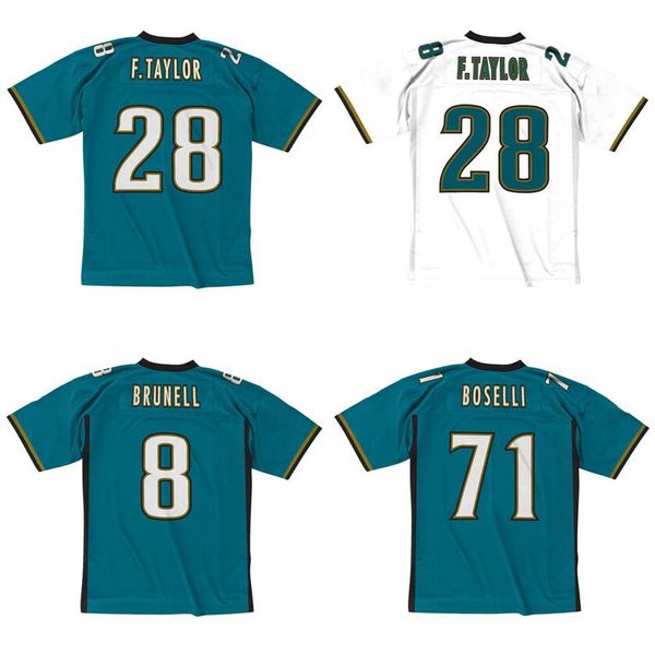 Genähtes Fußballtrikot 28 Fred Taylor 8 Mark Brunell 71 Tony Boselli 1997–1998, grün, Mitchell Ness, Retro-Rugby-Trikots, Herren, Damen, Jugend, S-6XL