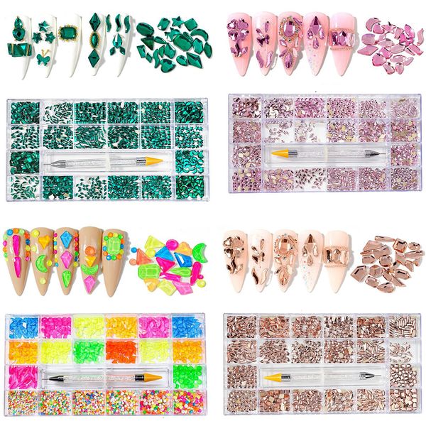 Украшения для ногтей Mix Nail Charms Gems with Clear Box AB Rhiestones 3D драгоценности Роскошные хрустальные камни Маникюрные подвески для DIY Nail Diamond 230629