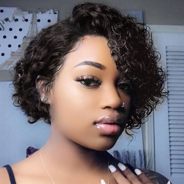 Sentetik Peruklar Kısa Sapıkça Kıvırcık İnsan Saç Peruk Afro Pixie Cut Hiçbir Dantel Ön Kadınlar Için Doğal Brezilyalı 230630