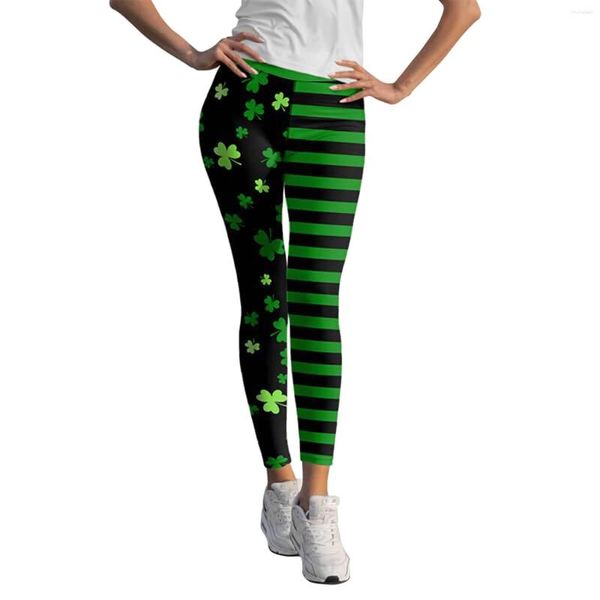 Damen-Leggings, traditionelles Kleeblatt-Design, grün, dehnbar, schmal, Yogahose mit modischem Gürtel