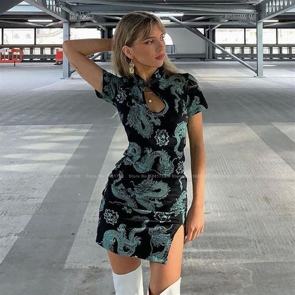 Moda Streetwear Seksi Gece Kulübü Gotik Bodycon Ejderha Baskı Çin Cheongsam Japon Harajuku Tarzı Retro Qipao Mini Dress219z