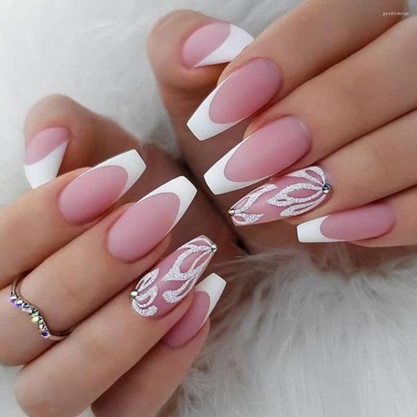 Unhas Postiças Matte Médio Bailarina Press On Unha Rosa e Branco Com Glitter Flower Designs Artificiais Reutilizáveis Falsas