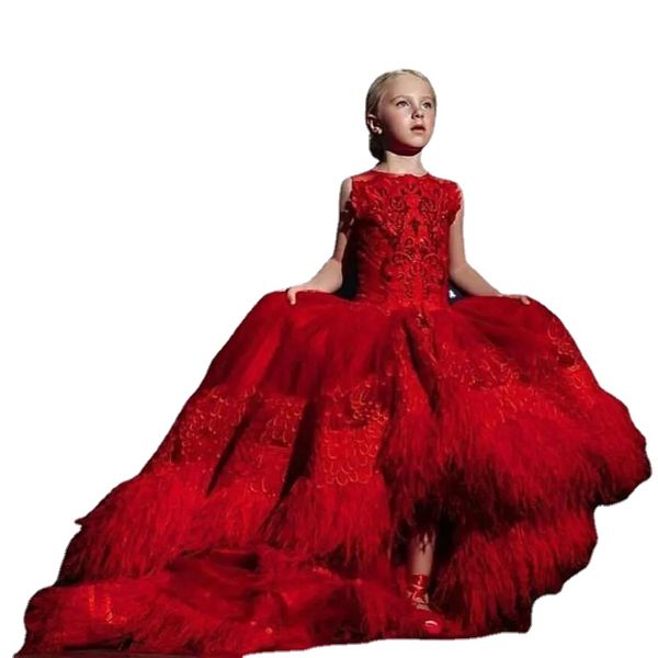 Luxo Flor Vermelha Vestidos para Meninas Gola Jóia Apliques de Renda Pena Alto Baixo Vestidos de Concurso de Meninas Até o Chão Tule Crianças Traje Formal