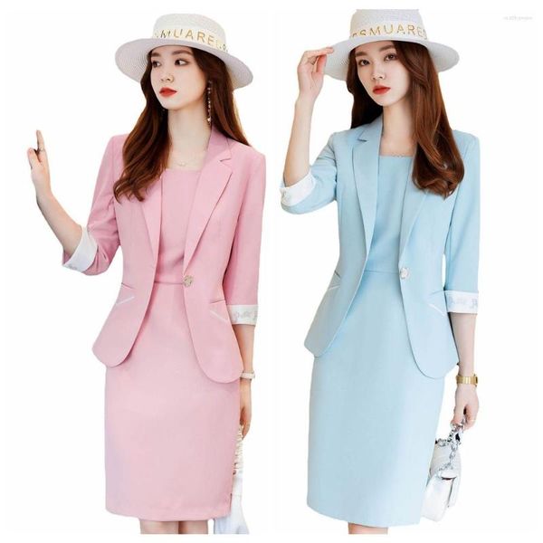 Vestidos de trabalho Coreano Primavera Verão Vestido Ternos Moda Feminina Conjunto de Duas Peças Blazer Top Escritório Senhoras Formal OL Vestuário Profissional