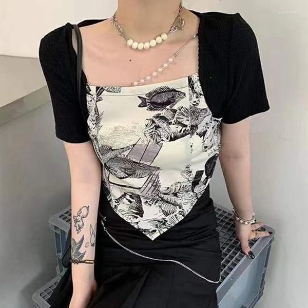 Kadın Kazak Siyah Beyaz Kısa Kazak Yaz Düzensiz Örgü Gömlek Zarif Vintage Baskılı Eşarp Patchwork Triko T-shirt Tops