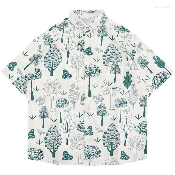 Damenblusen, Markendesigner, Vintage-Stil, grüne Bäume, voller Druck, niedliches Button-up-Hemd, Herren- und Damenmode, hawaiianische Strandoberteile, Sommer, Größe L, 2XL