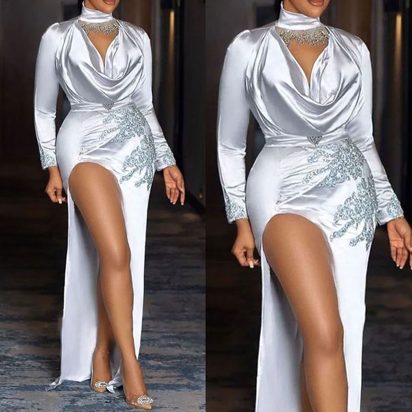 Glamorous Denizkızı Prom Elbiseler Yüksek Boyun Boyalı Uzun Kollu Saten Yan Seri Sırtsız fermuar Kat Uzunluğu Özel Yapım Artı Boyut Elbise Vestido De Noite