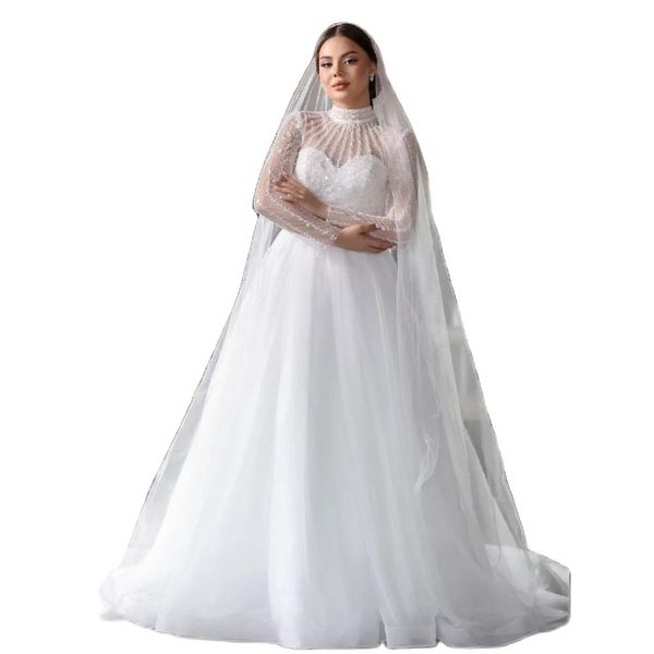 Abiti da sposa linea A con perline Manica lunga con paillettes Arabo Dubai Abito da sposa Tulle Puffy Robe De Mariage 326 326