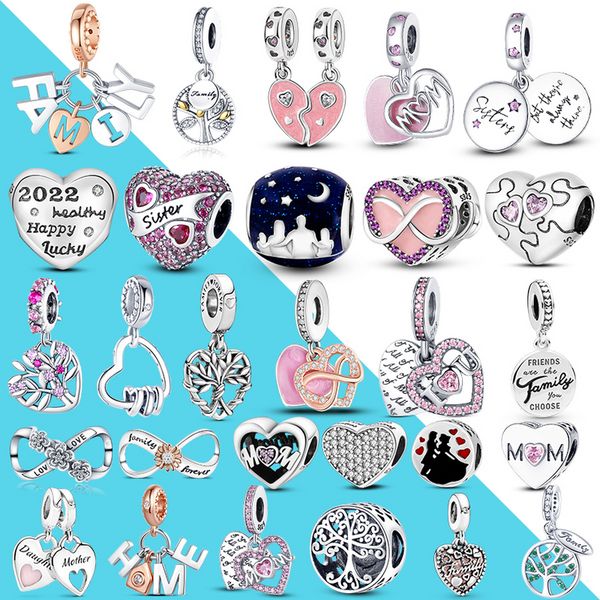 925 Ayar Gümüş Dangle Charm DIY tasarımcı Kalp Şekli Dangle Charms Anne Oğul Kızı Kardeş Arkadaş Boncuk Fit Pandora Charms Bilezik DIY Takı Aksesuarları