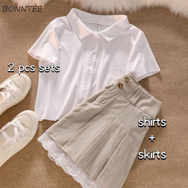 İki Parçalı Elbise Seti Tiki Tarzı Basit Tüm Maç Turn Down Yaka Gömlek Dantel Pileli Mini Etekler 2 Parça Öğrenciler Kore Tatlı Yaz 230630