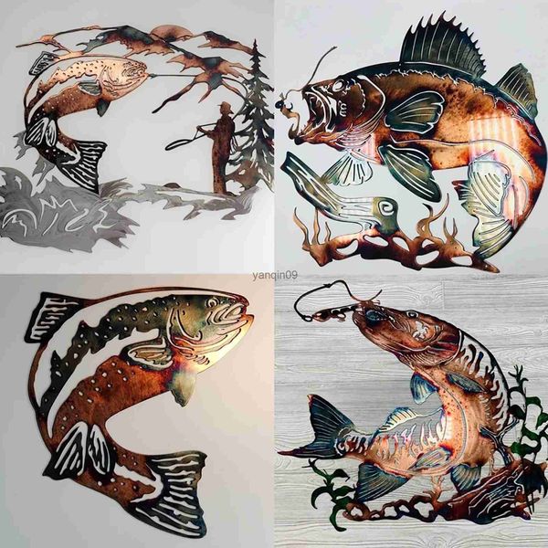 Decoração de arte de parede de metal 3D vazada Silhueta de peixe Escultura Decalque de cena de pesca Ornamento Cabana rústica Farmhou L230626