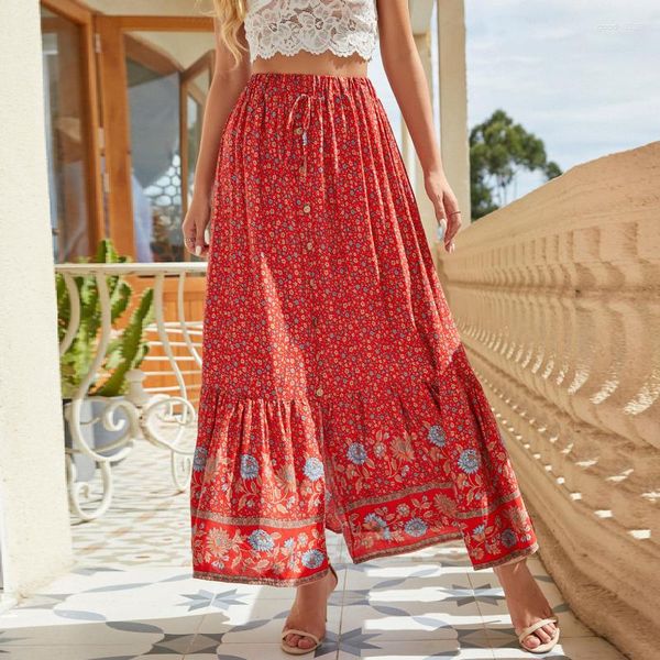 Gonne Donna Bohemian Vita alta Gonna lunga a trapezio Stampa floreale Coulisse Maxi Fashion Street Female