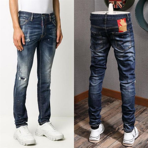 Джинсы с предварительно поврежденными джинсами с кленовыми нашивками, облегающие джинсы для фитнеса с эффектом потертости, хлопковые штаны из денима для мужчин 252Q