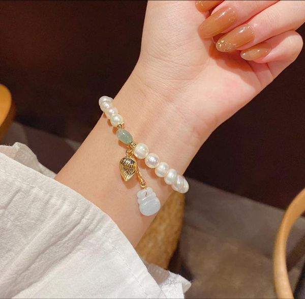 Pulseiras de link retrô estilo chinês pérola simples jade pingente pulseira ajustável para mulheres joias da moda