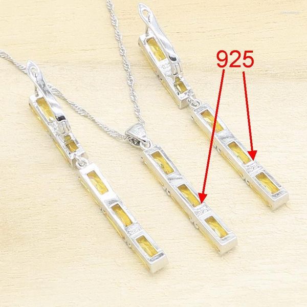 Collana Orecchini Set Luxury Yellow Zircon Silver Color For Women 925 Stamp Bracciale Long Rings Pendant Gift Box