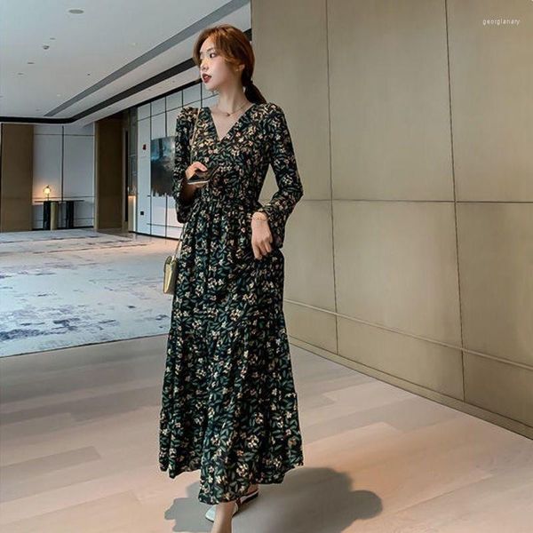 Abiti casual Stile coreano Retro Long Women Party Slim Print Chic Black Dress High Printing Boho Vintage Flower Clothing 2023