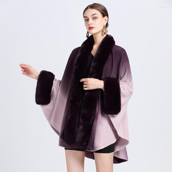 Eşarp Kış Moda Sıcak Sarar Kadın Yün Karışımları Pelerin Palto Hood Batwing Pelerin Kadın Kalın Uzun Yumuşak Sahte Rex Kürk Ceket