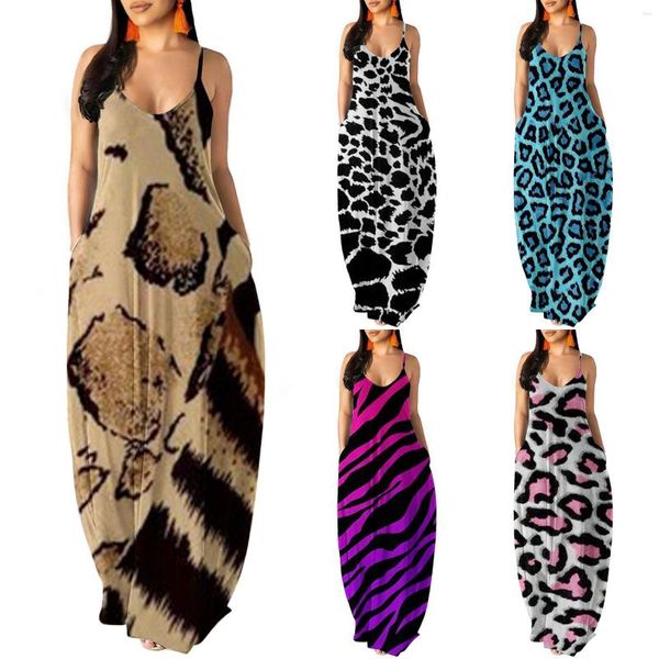 Vestidos Casuais Mulher Elegante 2023 Slim Fit Clubes Festa Estampado Leopardo Vestido Longo Solto Conjunto de Terno de Verão Feminino Vestidos