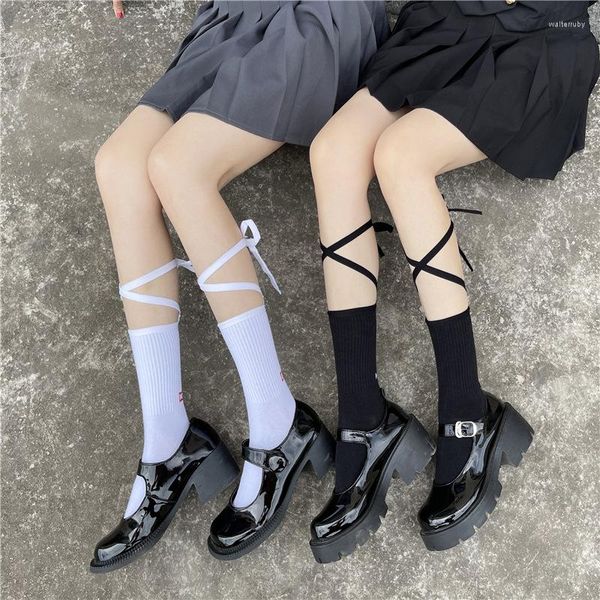 Meias femininas 1 par de bandagem cruzada de verão joelho alto estilo lolita japonês preto branco meias de algodão menina mulher moda meia-calça fofa