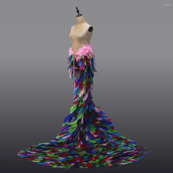 Сценическая одежда, великолепное платье с перьями, накидка с перьями и хвостом, длинная шаль для выпускного вечера, модный костюм для косплея