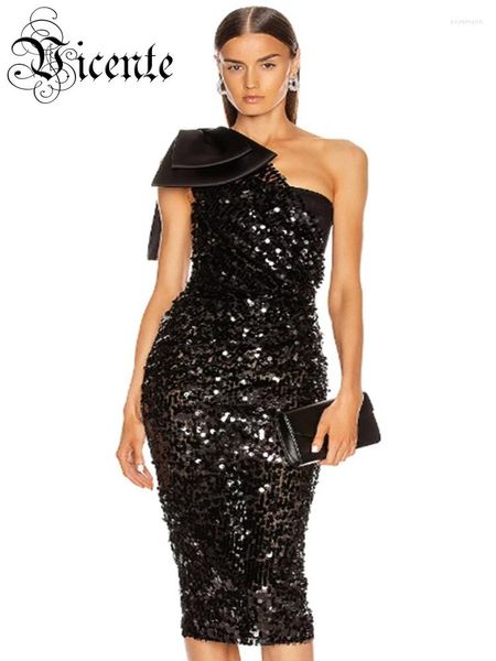 Casual Kleider VC Sexy Eine Schulter Kleid Frauen Bogen Sparkle Pailletten Schwarz Midi Mesh Patchwork Promi Party Vestidos