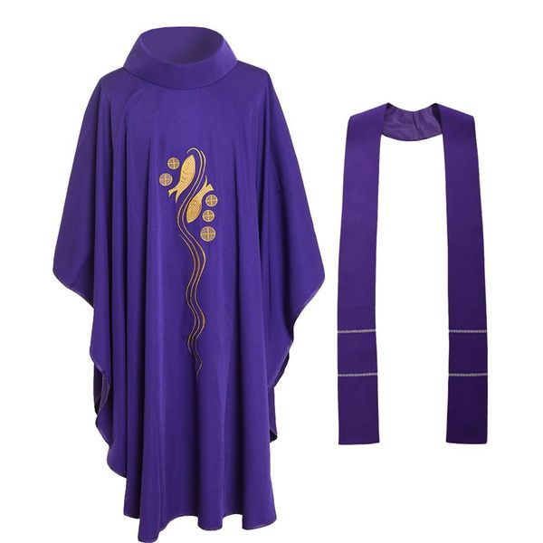 Священные религиозные костюмы для духовенства, фиолетовый церковный священник, католическая риза с воротником-стойкой, вышитые рыбы, облачения, 3 стиля 335o