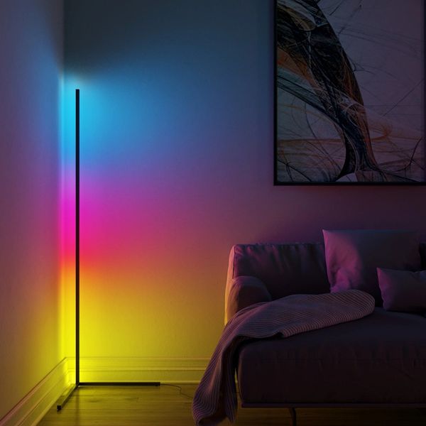 Candeeiro de chão LED de canto, cor RGB regulável, luz de chão de 140 cm com aplicação/controle remoto, sincronização de música para decoração de casa