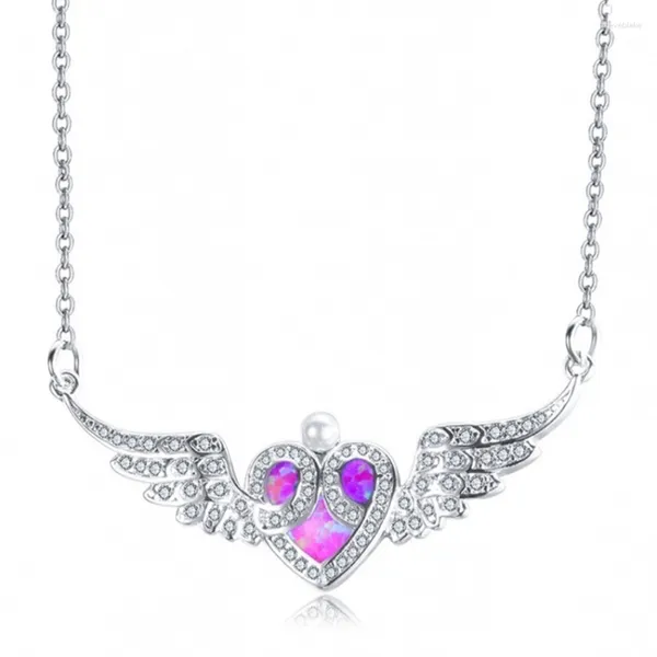 Collane con ciondolo Collana con ala d'angelo romantica placcata in argento con cuore d'amore 4 colori Opalite Opal Jewelry