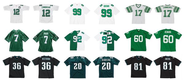 Genähtes Fußballtrikot 12 Randall Cunningham 92 Reggie White 99 Jerome Brown Vick Celek Bednarik Westbrook Dawkins Mitchell Ness Retro-Rugby-Trikots Herren S-6XL