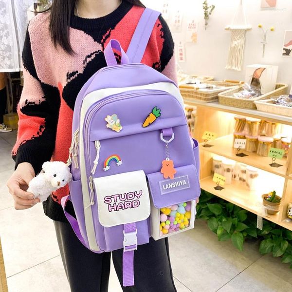 Mochilas escolares 5 peças conjunto fofo para boneca adolescente pingente de lona de nylon com vários bolsos mochila de viagem unissex