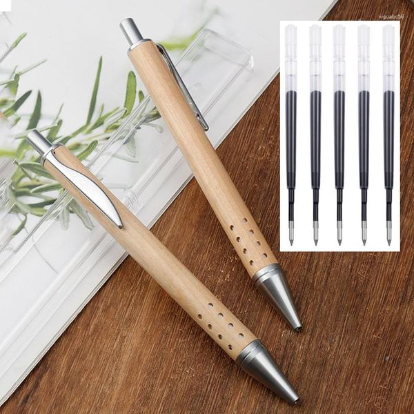 5 Stück Kugelschreiber aus Bambusholz, austauschbare Minen, 0,7 mm Spitze, schwarze Tinte, Unterschriftenstift, Büro, Schule, Schreiben, Schreibwaren