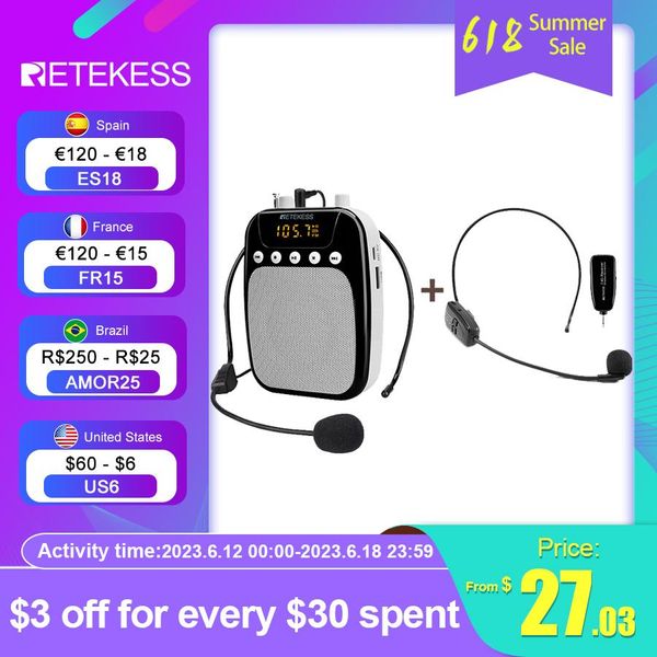 Jogadores Retekess Tr623 Megafone Amplificador de Voz Portátil Microfone Gravação de Alto-falante com Mp3 Player Rádio Fm para Ensino de Guia Turístico