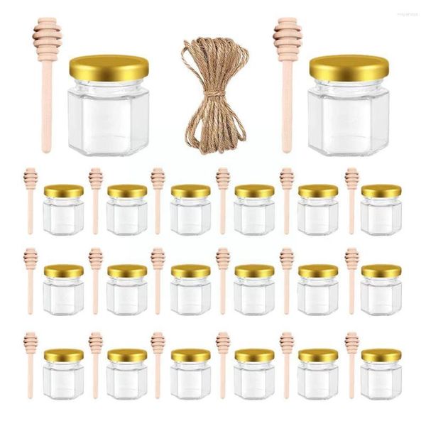 Vorratsflaschen, 20 Stück, sechseckige Mini-Honiggläser aus Glas mit Holzlöffel, Golddeckel, Bienenanhänger, Jutes-Packung – perfekt für Babypartys