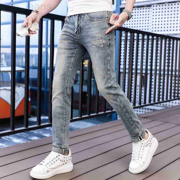 Jeans masculino designer novo europeu bordado elástico slim fit quente diamante calças compridas 7037 8ZAJ