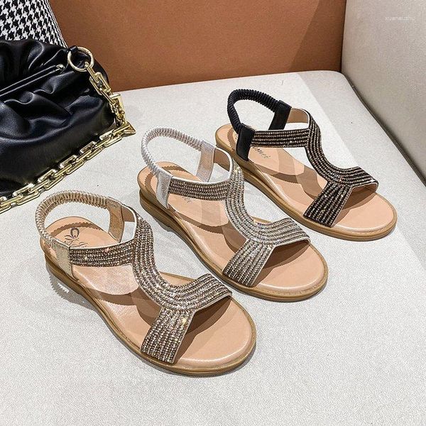 Sandália Strass Feminino Fada Vento 2023 Verão Boca de Peixe Praia Faixa Elástica Elegante Casual Luxo Sapatos Femininos