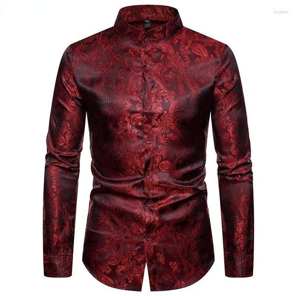 Camisas casuais masculinas elegantes vinho tinto estampado vestido jacquard masculino gola alta camisa social festa clube de casamento masculino