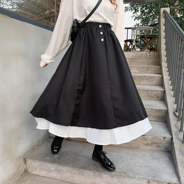 Röcke Frauen Frühling Sommer Schwarz Casual Rock Doppel Schichten Retro Studenten Harajuku Stil Lange Plissee Hohe Taille Plus Größe C479